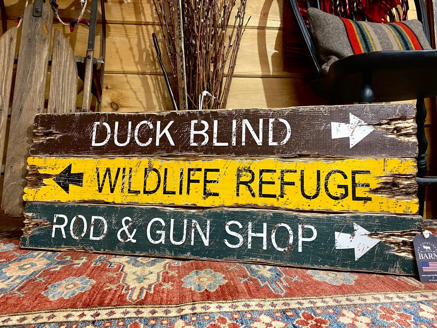 Handmade rustic hunting lodge decor wood sign for duck blind, wildlife refuge, and rod and gun shop, distressed cabin wall art made in Maine