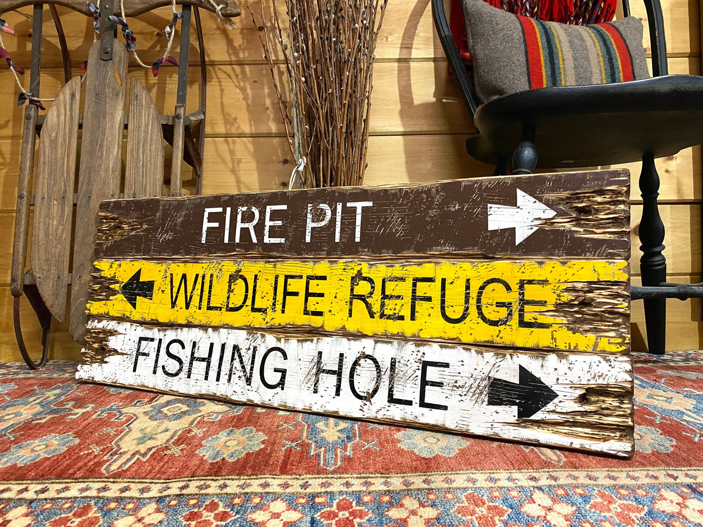 Rustic National Park wooden sign set with Fire Pit, Wildlife Refuge, and Fishing Hole arrows, distressed hand-painted cabin lodge wall décor handmade in Maine