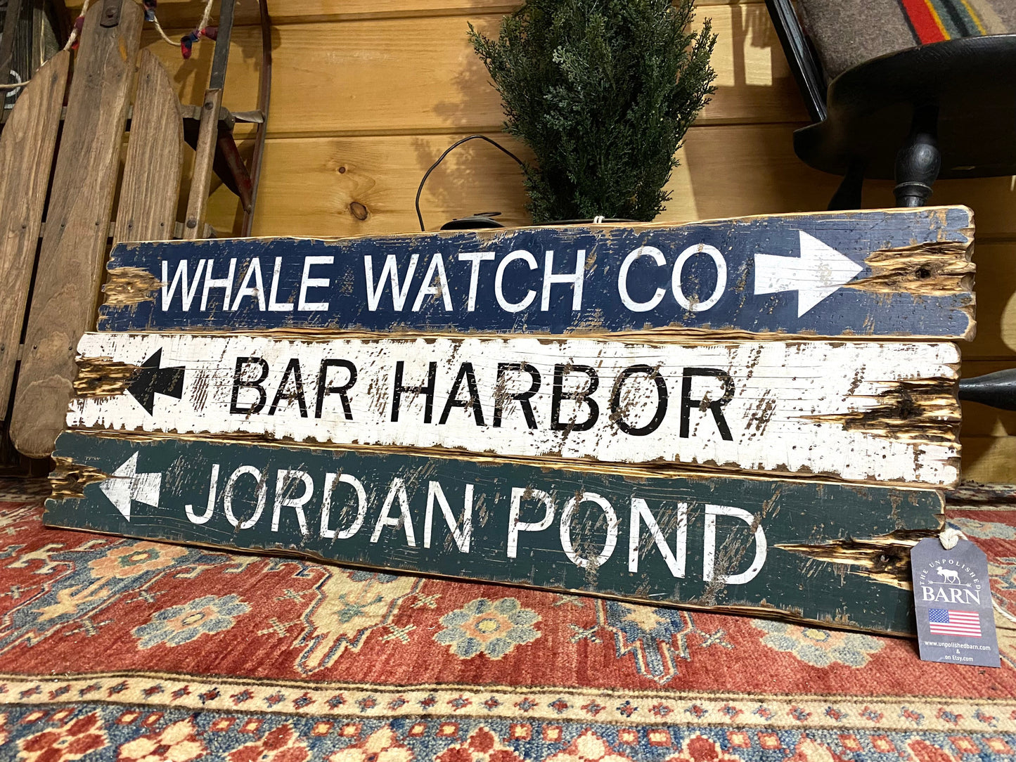 Hand-painted rustic Bar Harbor Maine wood sign set — whale watch, Bar Harbor, and Jordan Pond directional wall art — coastal farmhouse cabin decor handmade in Maine