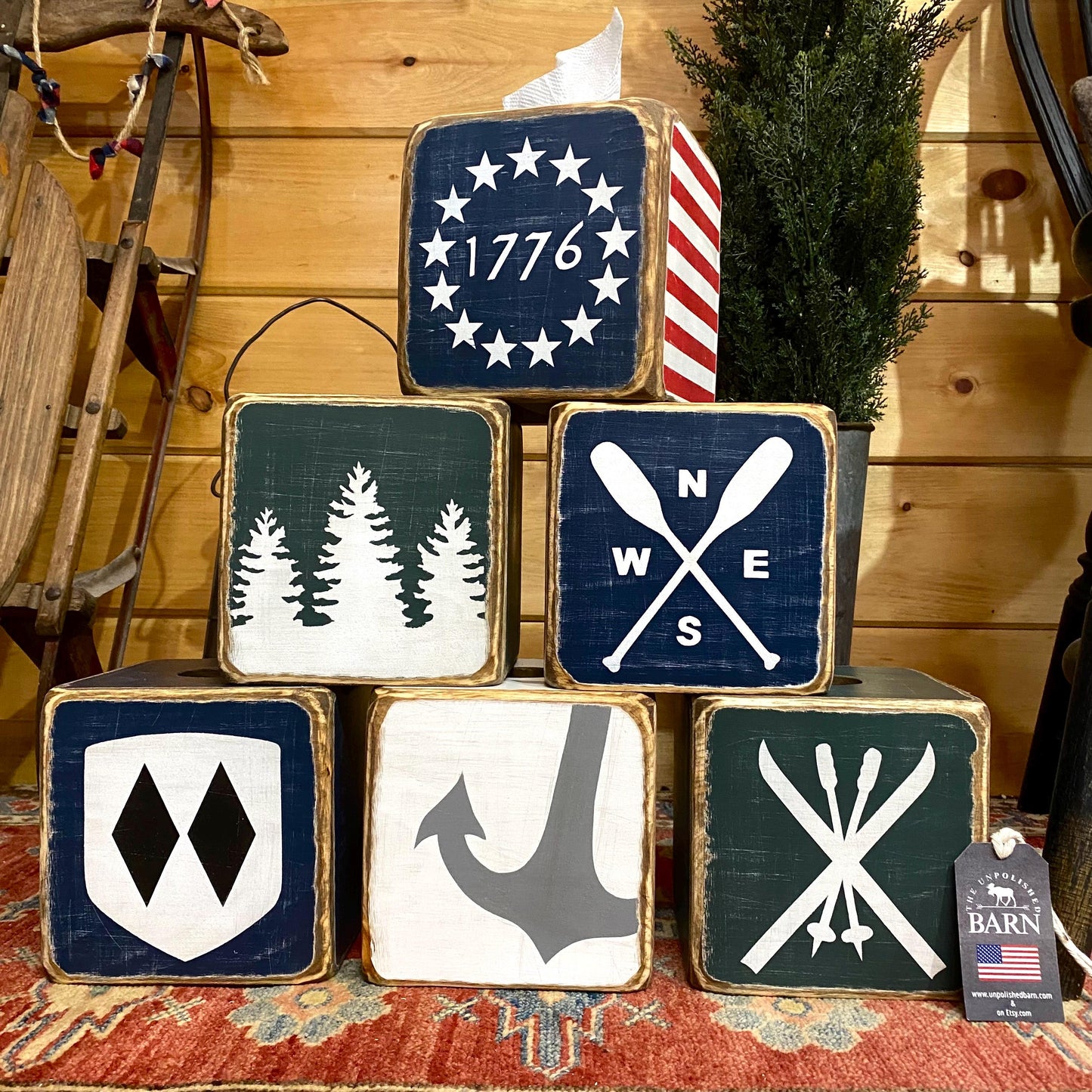 Lake House Wood Tissue Box Cover, Rustic Canoe Paddles & Compass