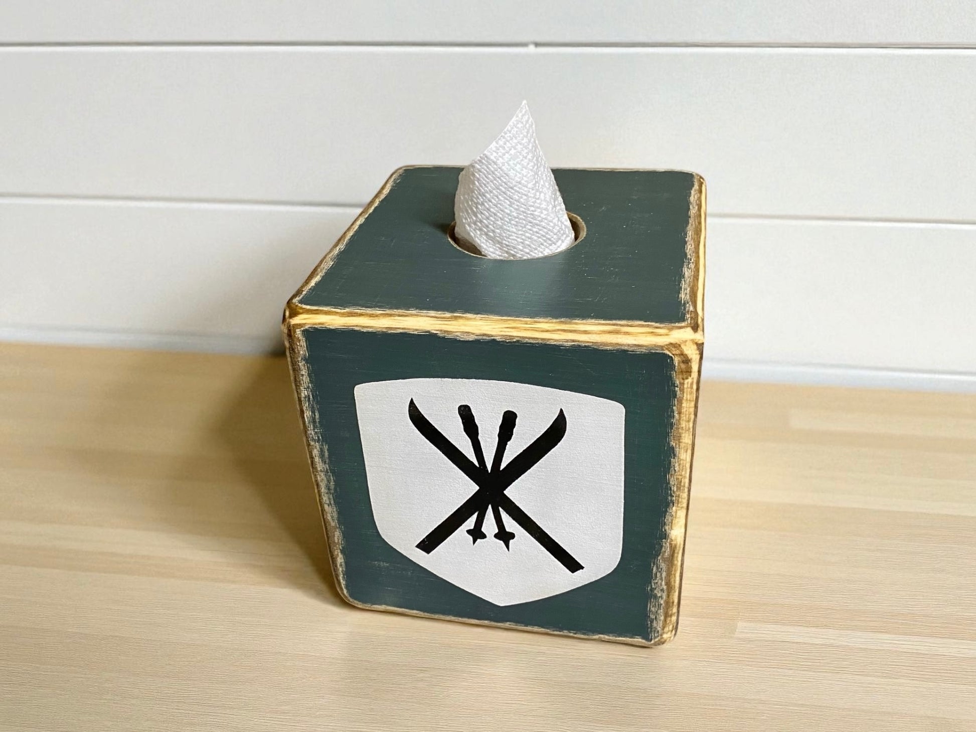 Rustic ski tissue box for ski cabin or mountain lodge décor, featuring crossed skis and winter alpine design, perfect for ski house or chalet bathroom, handmade in Maine.