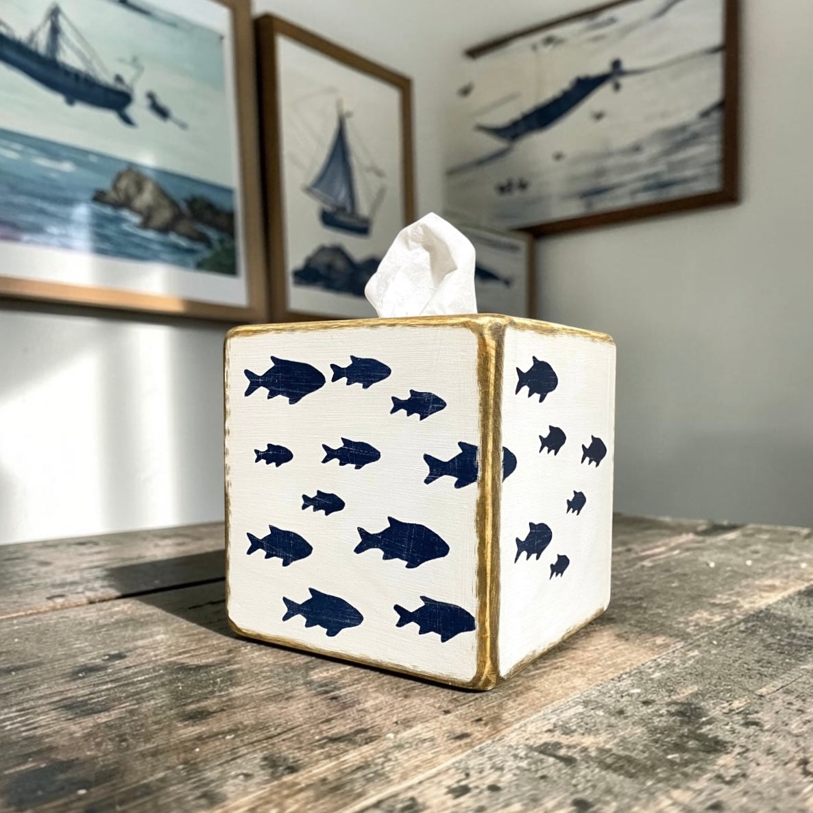 Coastal home school of fish tissue box for beach house, coastal bathroom . I has a weathered beach look and perfect for nautical decor or beach cottage