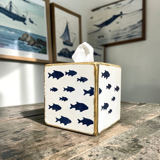 Coastal home school of fish tissue box for beach house, coastal bathroom . I has a weathered beach look and perfect for nautical decor or beach cottage