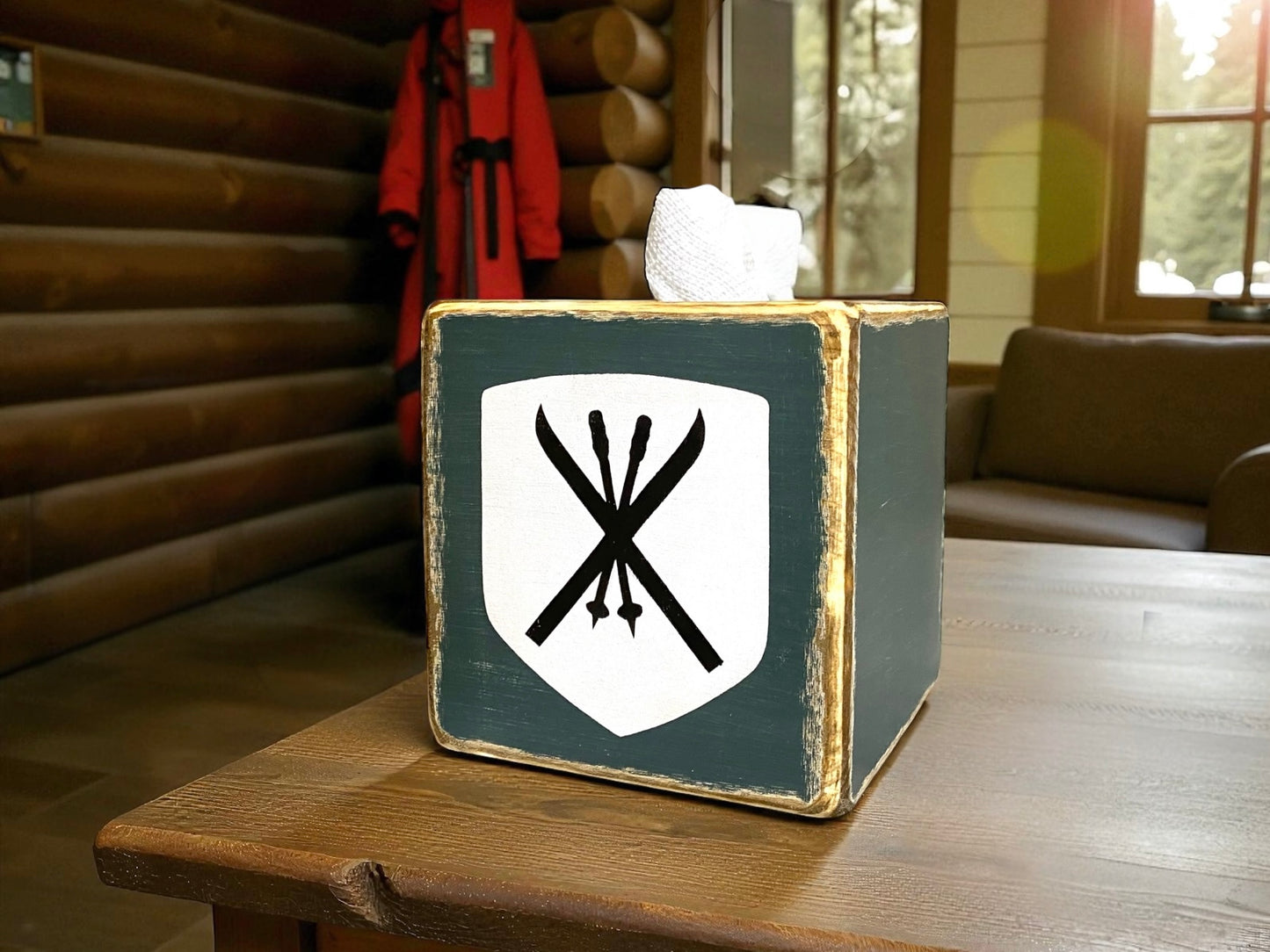 Rustic handmade ski tissue box for ski lodge or mountain cabin décor, featuring crossed skis and winter alpine design, perfect for ski house or chalet bathroom, handmade in Maine.