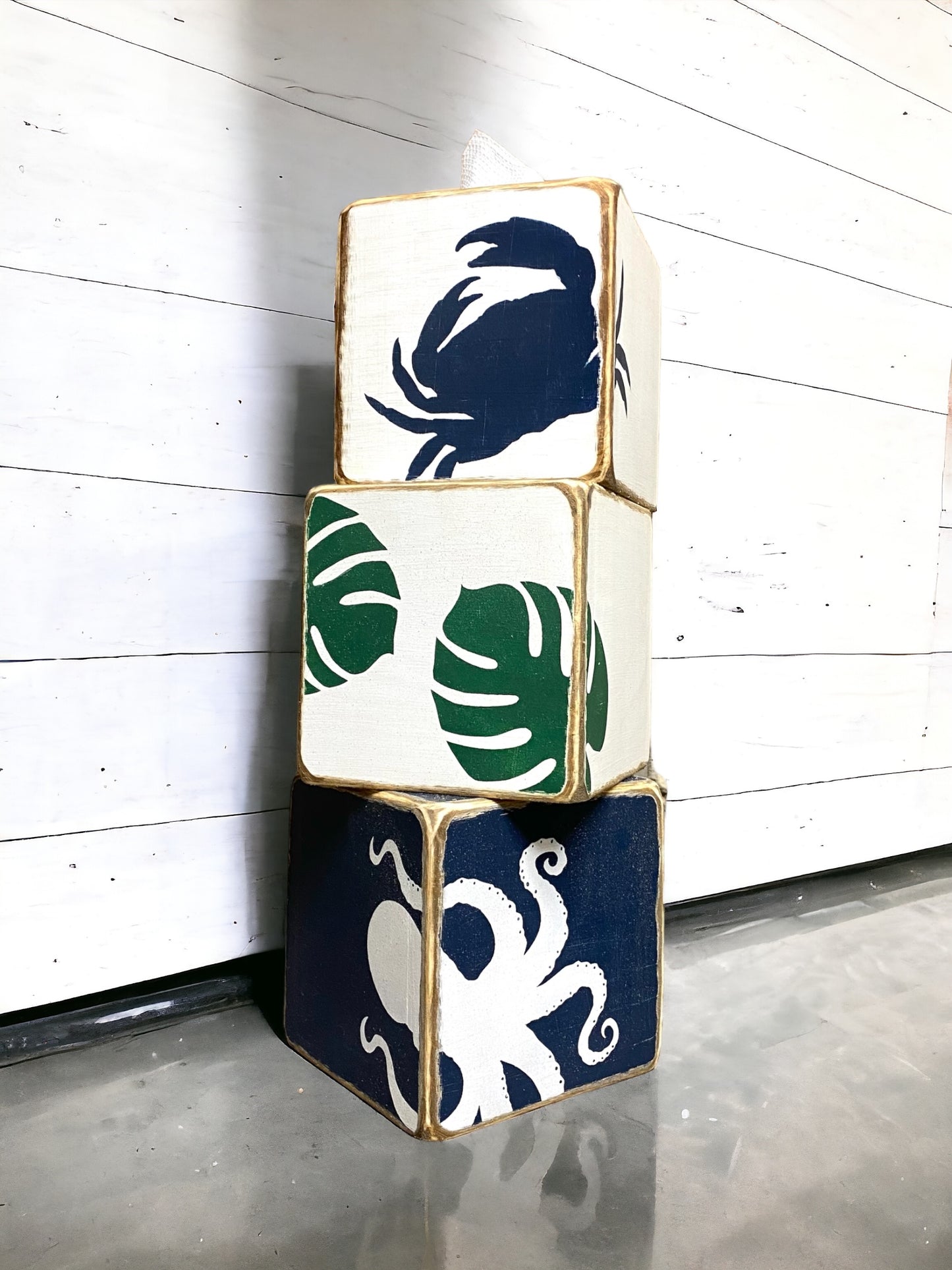 Octopus Wood Tissue Box Cover, Coastal Beach House