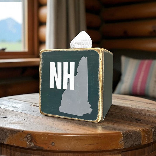 New Hampshire wooden tissue box cover for rustic home. The green paint is distressed for cabin and lodge decorating.