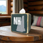 New Hampshire wooden tissue box cover for rustic home. The green paint is distressed for cabin and lodge decorating.