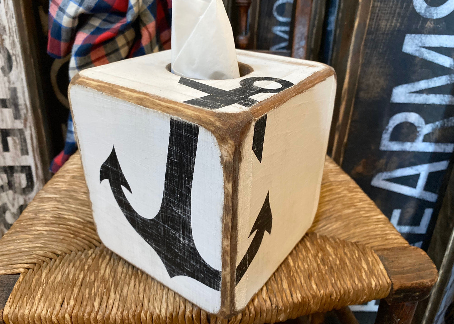Nautical Anchor Tissue Box Cover, Rustic Coastal Decor