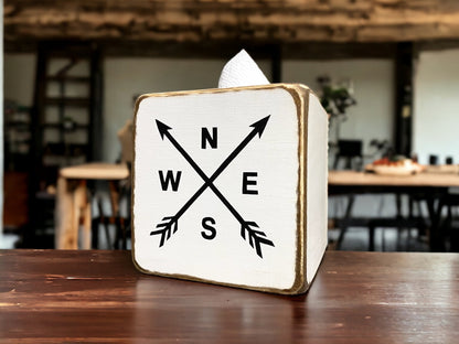 Compass Arrow Wood Tissue Box Cover, Rustic Farmhouse Modern Decor