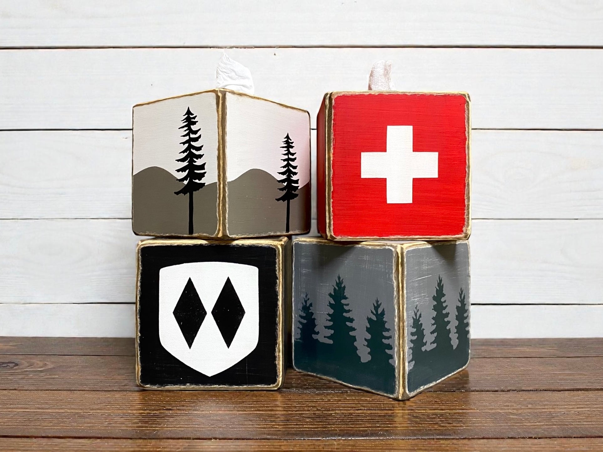 rustic woodland pine tree tissue box for ski house decor, cabin or lodge, Lake house and cozy accent for mountain homes. 