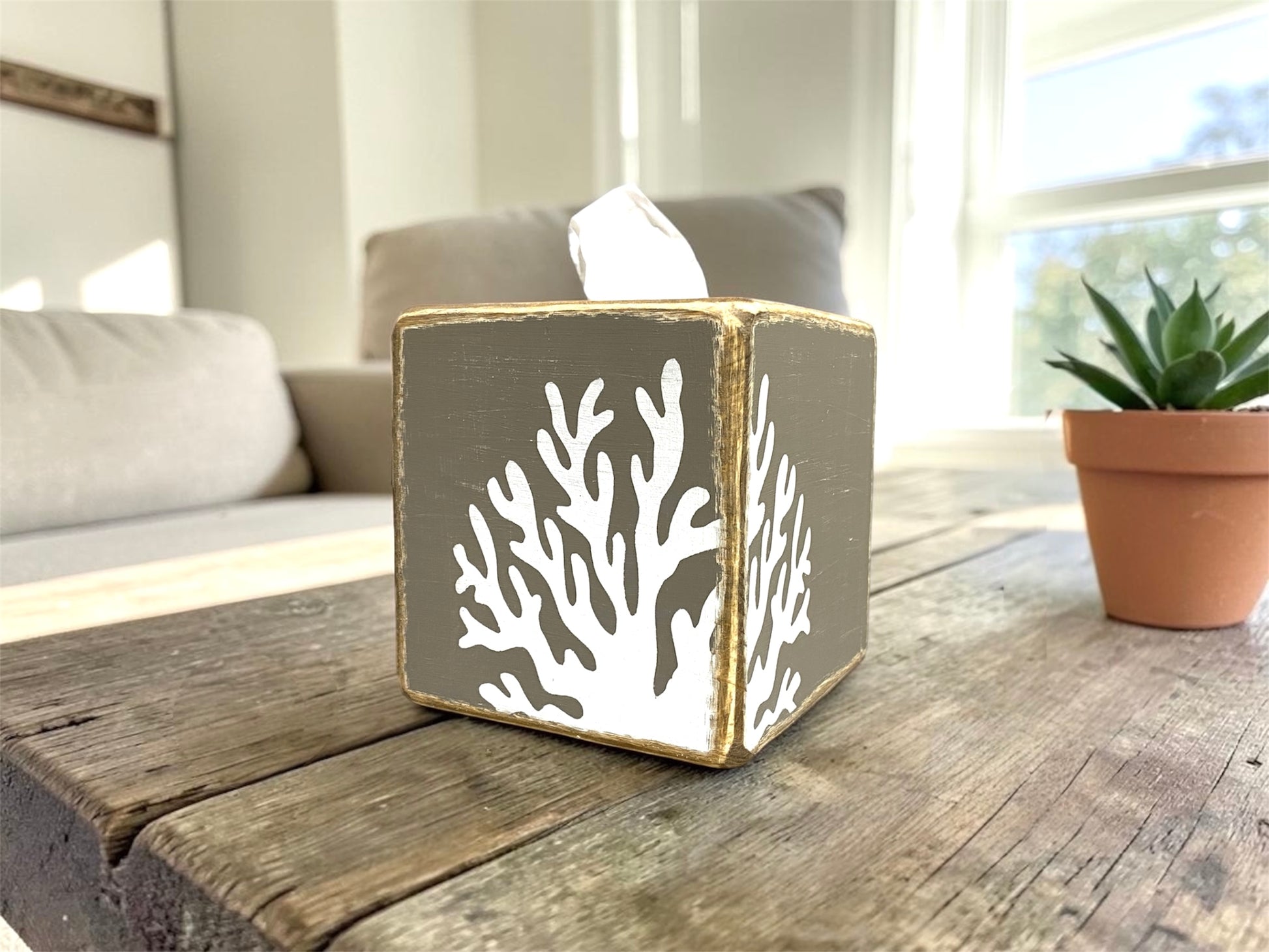 Ocean reef coral tissue box cover for coastal bathroom decor and beach house interiors, featuring a hand-distressed weathered finish inspired by coral reefs, sandy beaches, and relaxed seaside living. Designed for coastal bathrooms, spa bathrooms, guest rooms, and ocean-inspired interiors with soft beach house character.