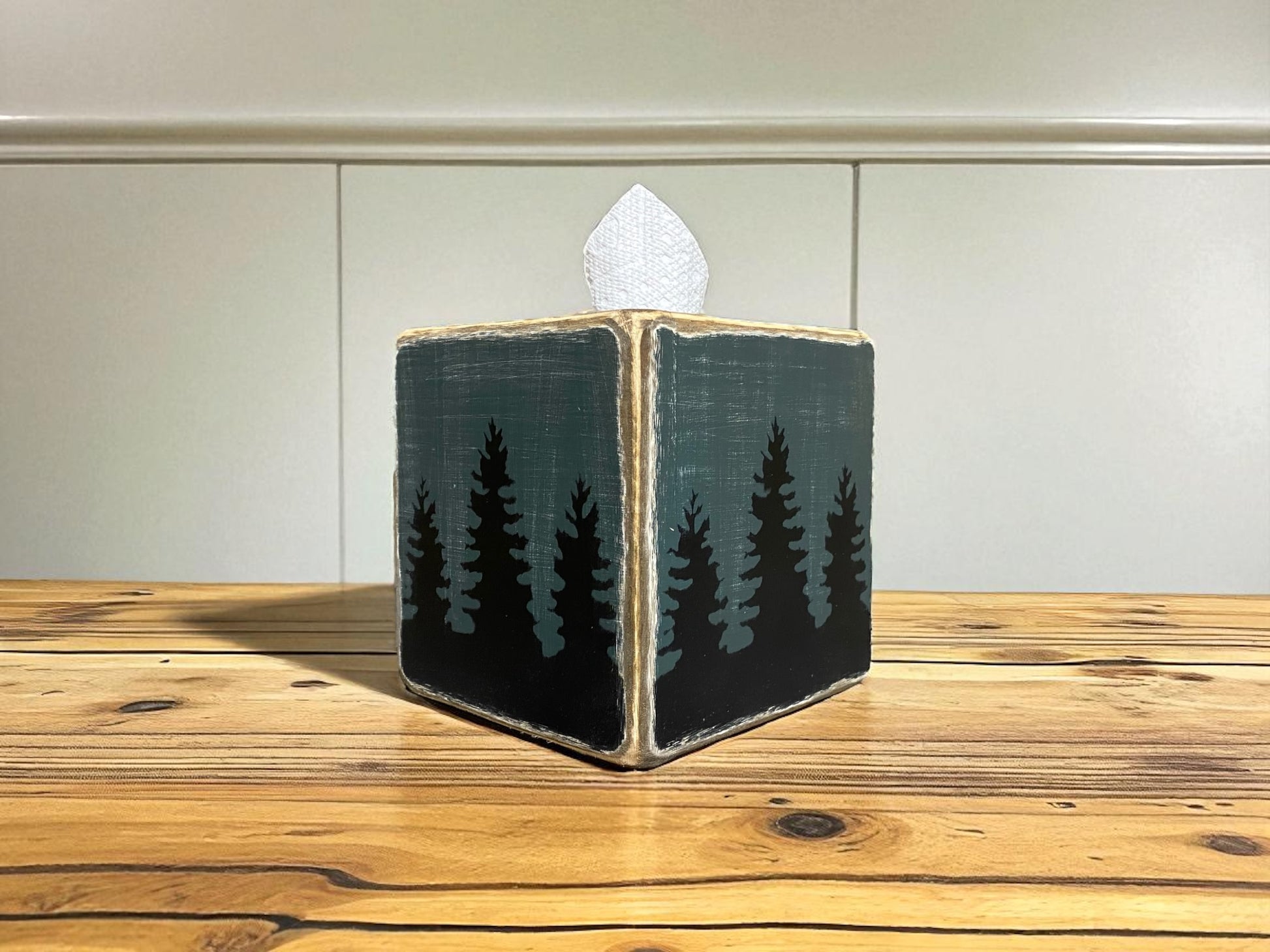 Handmade in Maine rustic cabin tissue box cover with pine tree forest design, distressed wood lodge decor for cozy mountain cabin or woodland home style.