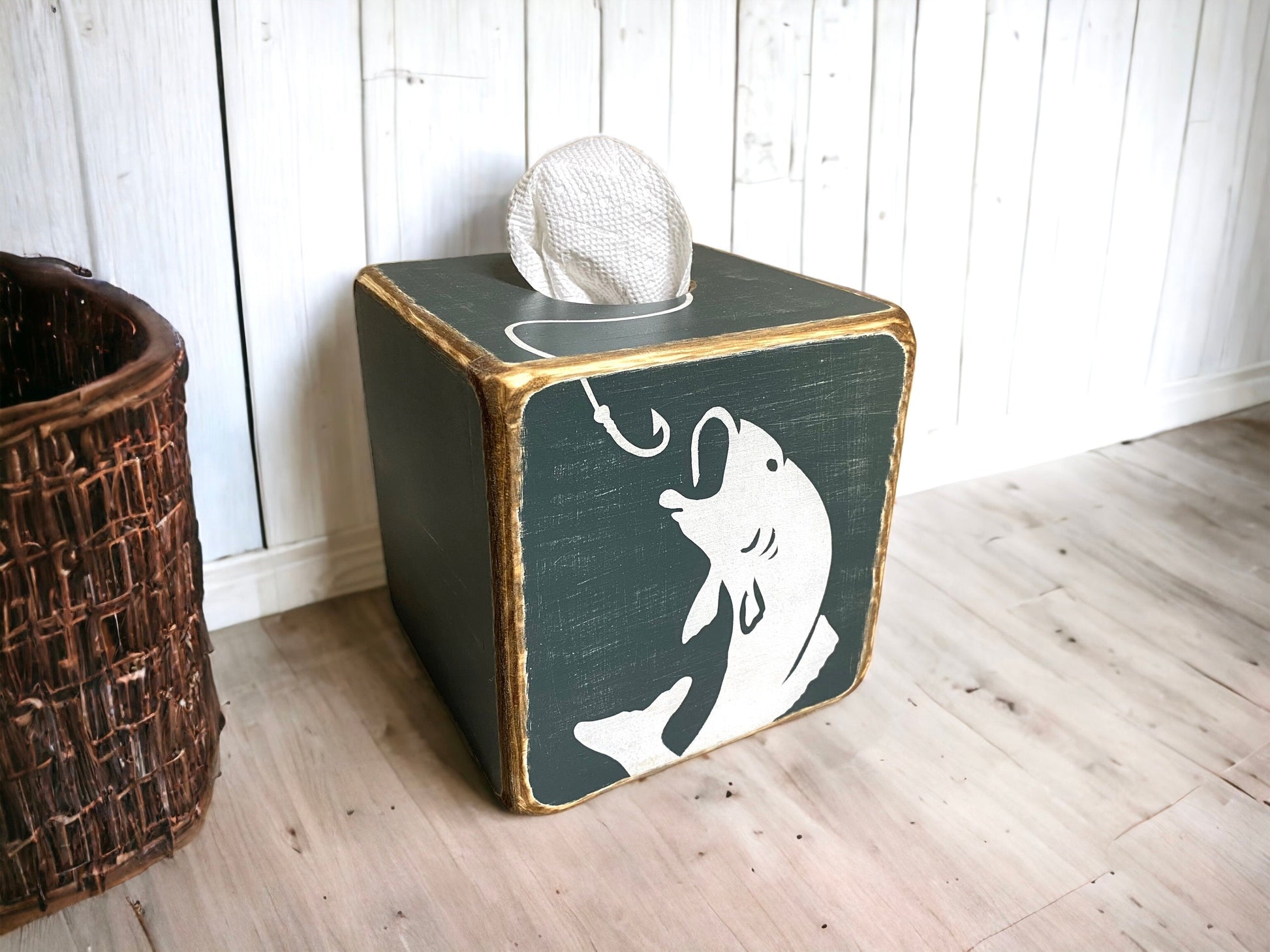 Bass Fishing Tissue Box Cover, Rustic Wood Lake House Cabin Decor