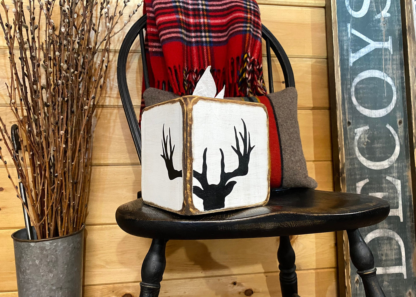 Deer Hunting Tissue Box Cover, Rustic Antler Log Cabin Decor