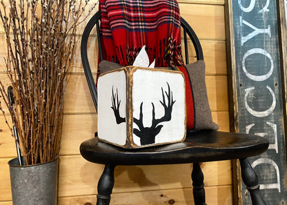 Deer Hunting Tissue Box Cover, Rustic Antler Log Cabin Decor