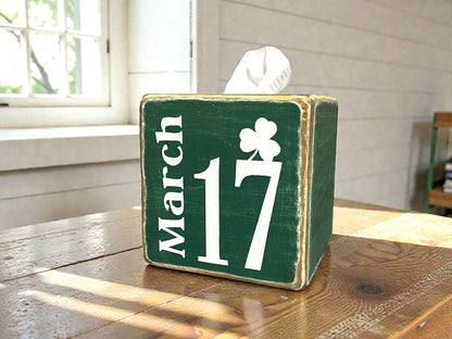 Green St. Patrick’s Day tissue box cover with shamrock design and March 17 lettering, rustic Irish holiday décor, hand-distressed wood finish, perfect for farmhouse, cabin, lodge, or country home décor, festive Irish accent for St. Patrick’s Day, made in Maine