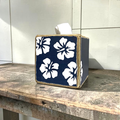 Decorative tropical hibiscus tissue box cover in navy blue, featuring coastal beach house decor style. Perfect for beach homes, coastal cottages, tropical bathrooms, guest rooms, vacation homes, and seaside retreats