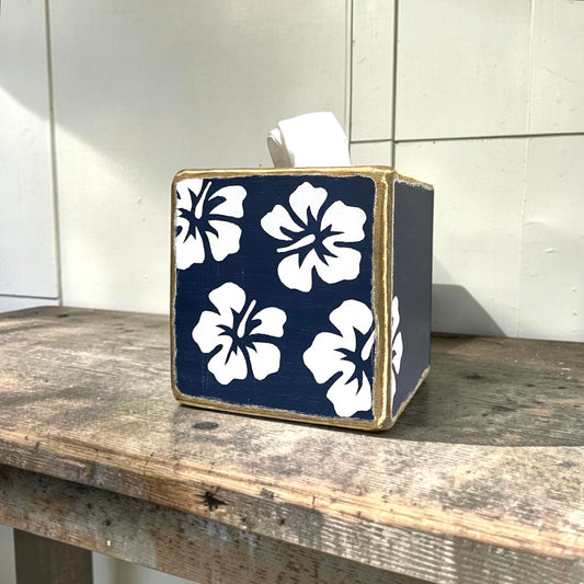 Decorative tropical hibiscus tissue box cover in navy blue, featuring coastal beach house decor style. Perfect for beach homes, coastal cottages, tropical bathrooms, guest rooms, vacation homes, and seaside retreats