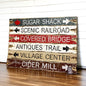 Rustic wooden signs with arrows to Sugar Shack, Scenic Railroad, Covered Bridge, Antiques Trail, Village Center, and Cider Mill, handcrafted distressed farmhouse and cabin decor by The Unpolished Barn LLC.