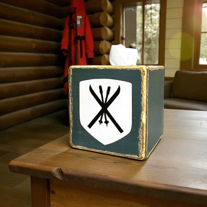 Rustic handmade ski tissue box for ski lodge or mountain cabin décor, featuring crossed skis and winter alpine design, perfect for ski house or chalet bathroom, handmade in Maine.