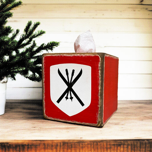 Rustic red ski lodge tissue box cover with vintage crossed ski emblem, handcrafted wood tissue holder for cabin or mountain home decor, handmade in Maine