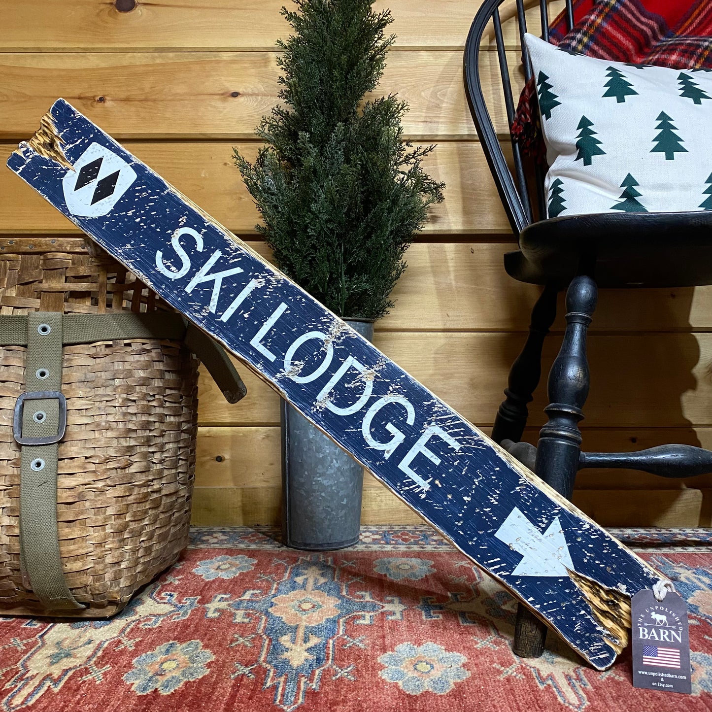 A distressed double diamond wooden ski trail sign that adds authentic mountain charm to any ski cabin, chalet, or winter lodge décor — handcrafted for that vintage ski slope feel, made in Maine