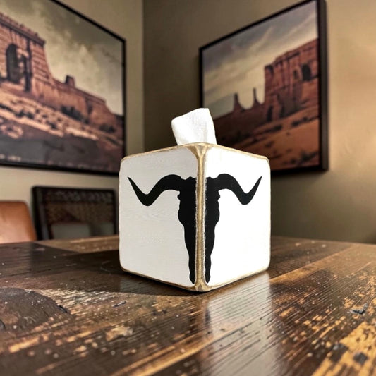 Handcrafted Texas Longhorn wood tissue box cover displayed in a western country home, featuring rustic distressed details and classic Longhorn design, perfect for cowboy decor, ranch decor, western farmhouse, and Texas home decor