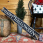 Rustic wooden Happy Halloween sign, distressed for a vintage farmhouse look. Handmade Halloween wall decor by The Unpolished Barn, perfect for spooky fall home decorating
