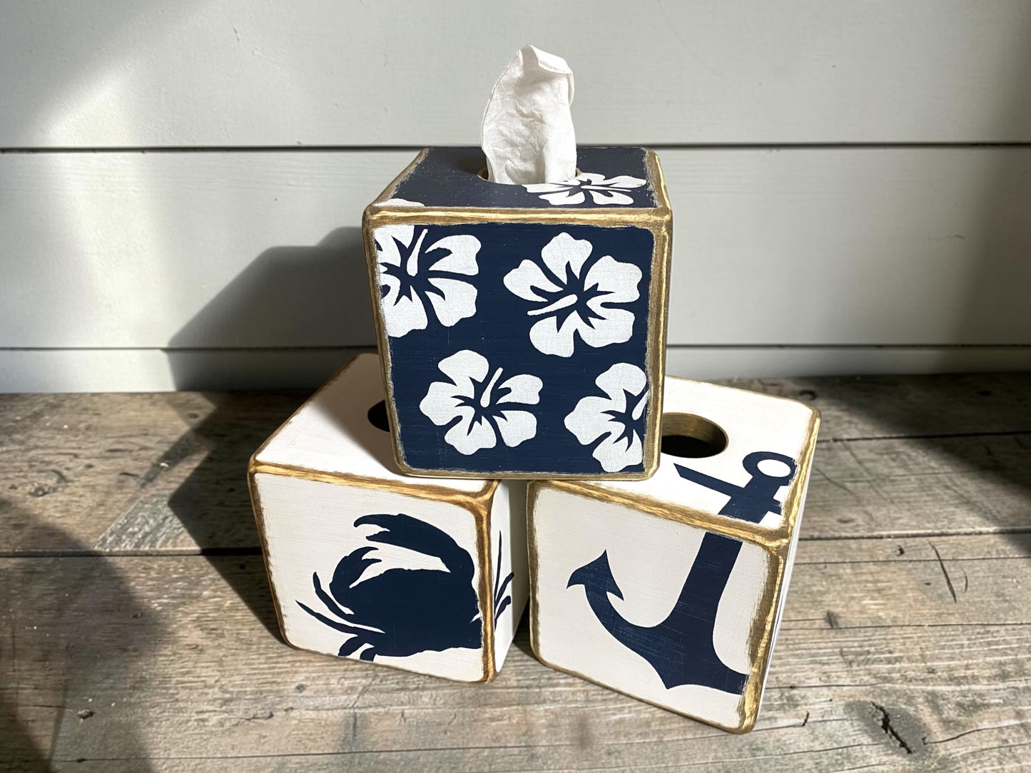 Group of tropical hibiscus tissue box covers showcasing coastal beach house decor and island-inspired style. Perfect for beach homes, coastal bathrooms, guest rooms, tropical cottages, and waterfront retreats