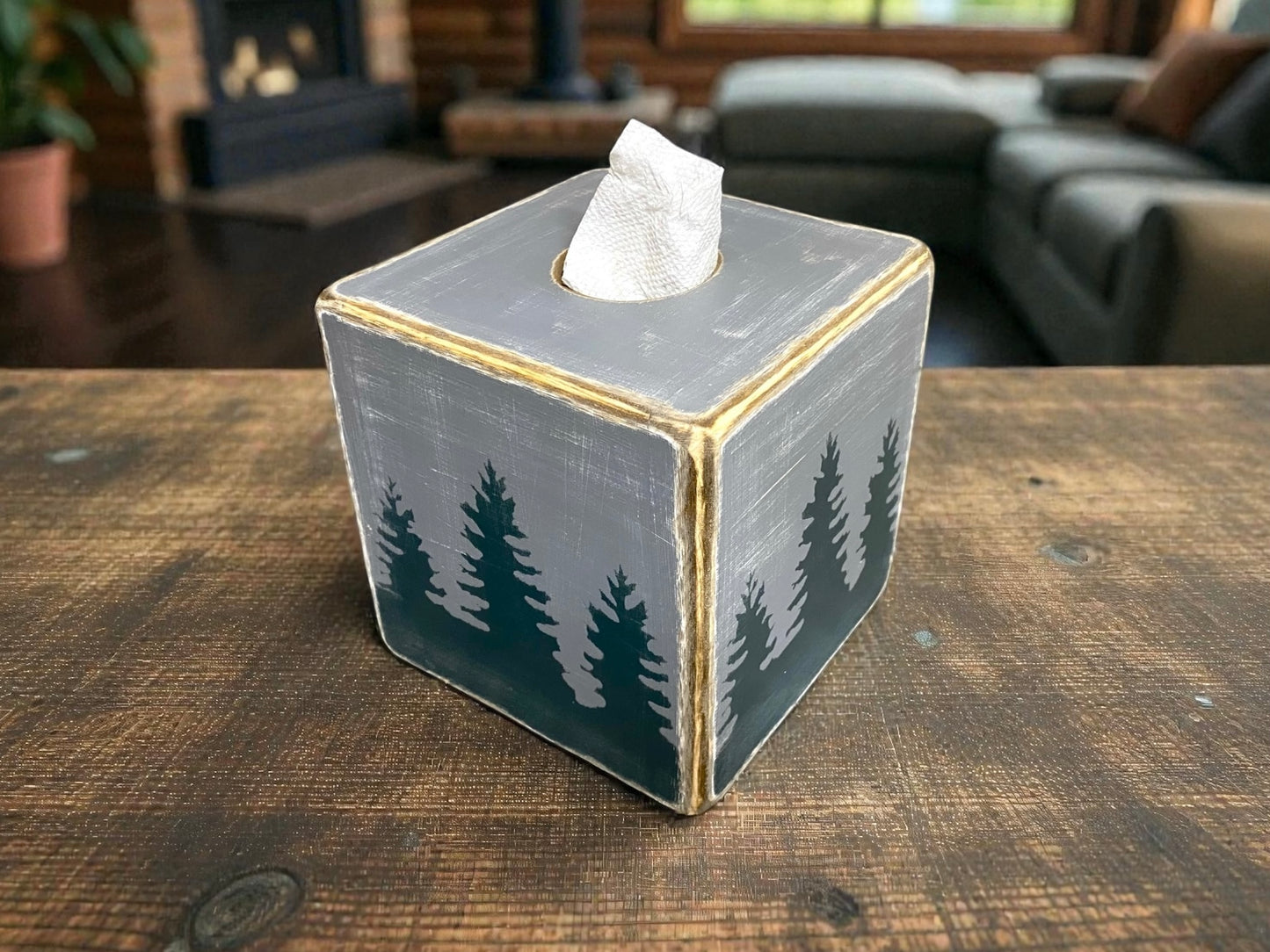 pine tree forest tissue box cover for cabin lodge or lake house bathrooms, cozy woodland accent for rustic and mountain homes. Great for winter and ski decor.