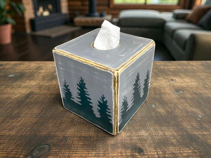 pine tree forest tissue box cover for cabin lodge or lake house bathrooms, cozy woodland accent for rustic and mountain homes. Great for winter and ski decor.