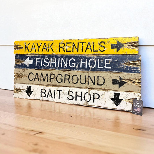Rustic lodge and lake cabin signs – handmade wooden wall art for fishing, kayaking, camping, and bait shop decor