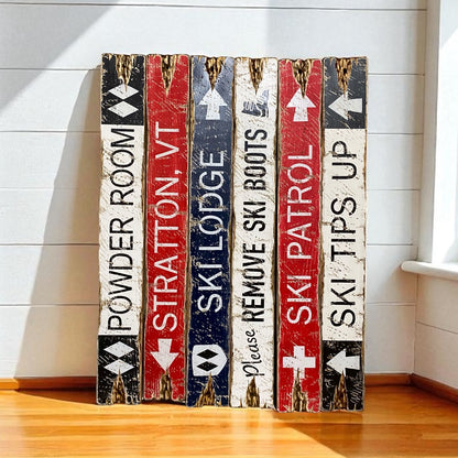 Collection of handmade rustic ski lodge and ski trail wooden signs for mountain cabin, chalet, or ski house wall décor — vintage distressed alpine ski décor handcrafted in Maine for cozy winter lodge styling, made in Maine.