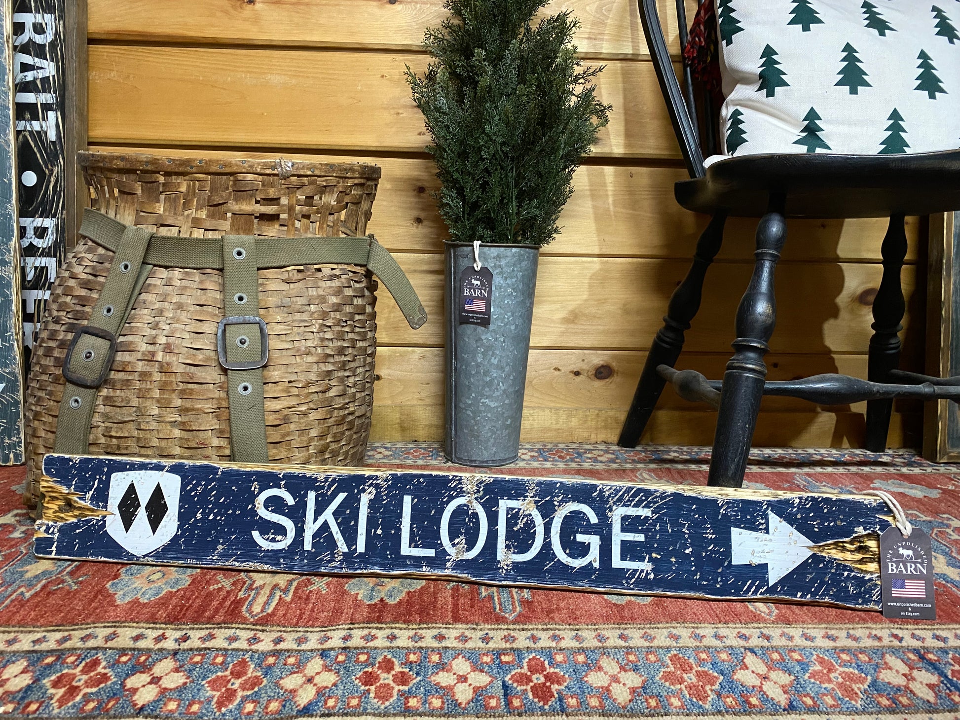 Handmade navy blue double diamond ski trail sign for rustic ski cabin or mountain lodge wall décor, vintage distressed wooden ski lodge sign crafted in Maine — perfect for chalet, winter cabin, and ski house decoration, made in Maine.