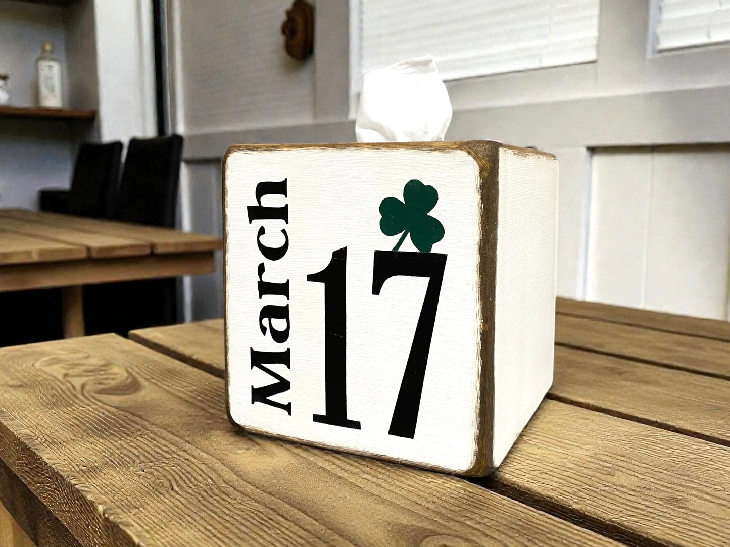 White St. Patrick’s Day tissue box cover with March 17 lettering, rustic Irish holiday décor displayed on a farmhouse table, hand-distressed wood finish, perfect for cabin, lodge, or country home décor, festive St. Patrick’s Day accent, made in Maine