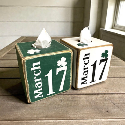 Top view of green and white  St. Patrick’s Day tissue box covers with March 17 lettering, showing hand-distressed wood finish and rustic Irish décor details, styled for cabin, lodge, or lake house holiday accent