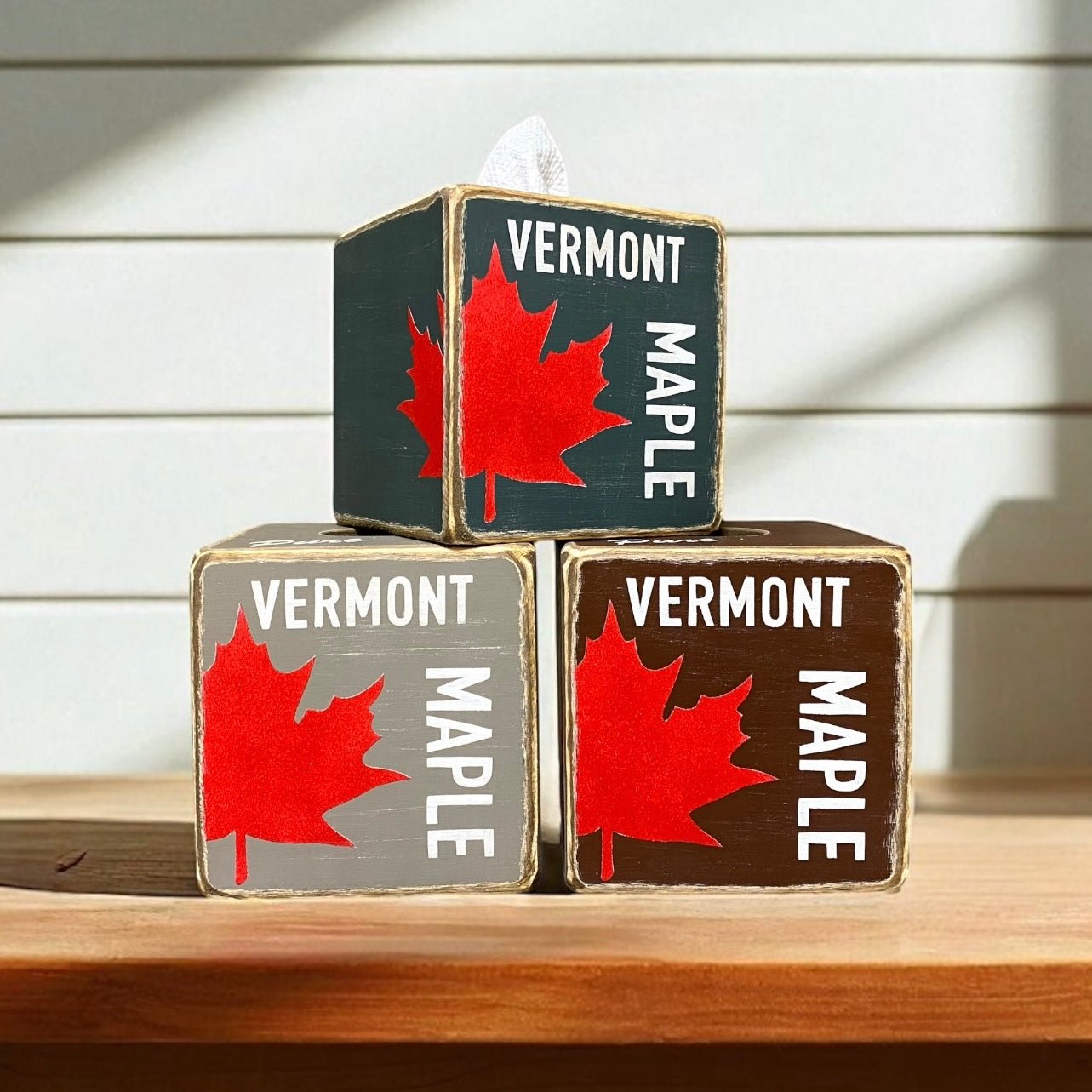 Rustic Vermont maple syrup tissue box cover with red maple leaf design, handmade wood tissue holder by UnpolishedBarn, cabin lodge home decor