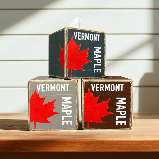 Rustic Vermont maple syrup tissue box cover with red maple leaf design, handmade wood tissue holder by UnpolishedBarn, cabin lodge home decor
