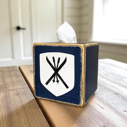 Rustic ski lodge tissue box cover with vintage crossed ski emblem, handcrafted wood tissue holder for log cabin or lodge home decor, handmade in Maine