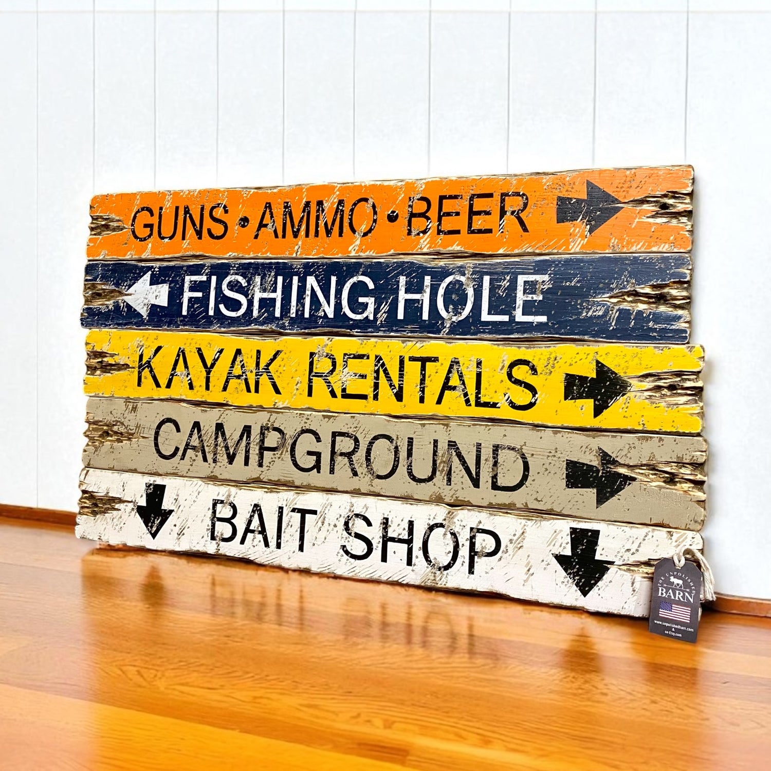 Handmade rustic cabin sign set with distressed arrows for Guns Ammo Beer, Fishing Hole, Kayak Rentals, Campground, and Bait Shop. Perfect lodge, lake house, and hunting cabin wall decor