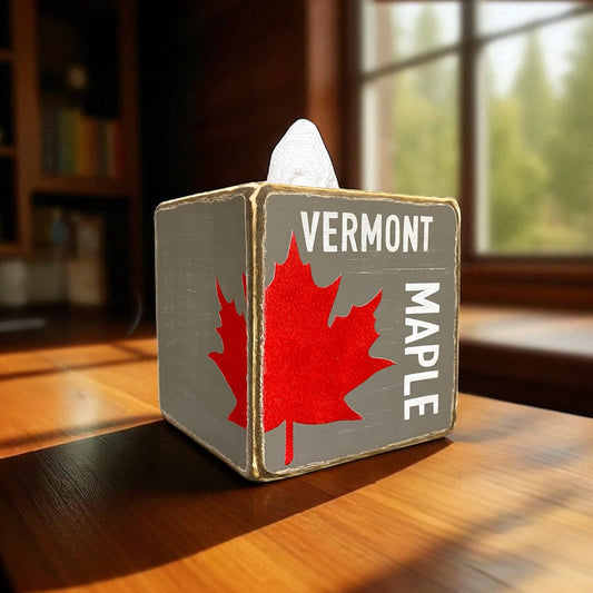 Rustic Vermont maple syrup tissue box cover with red maple leaf design, handmade wood tissue holder by UnpolishedBarn, cabin lodge home decor