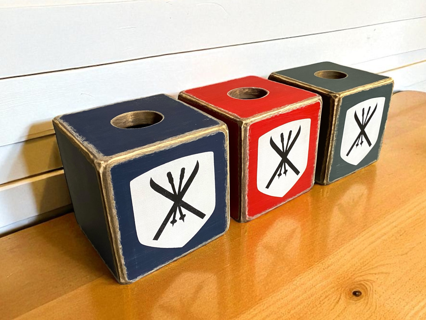 Handcrafted ski tissue box set with crossed skis and poles design, rustic wood look, handmade in Maine for cozy cabin, ski lodge, and winter home décor styling