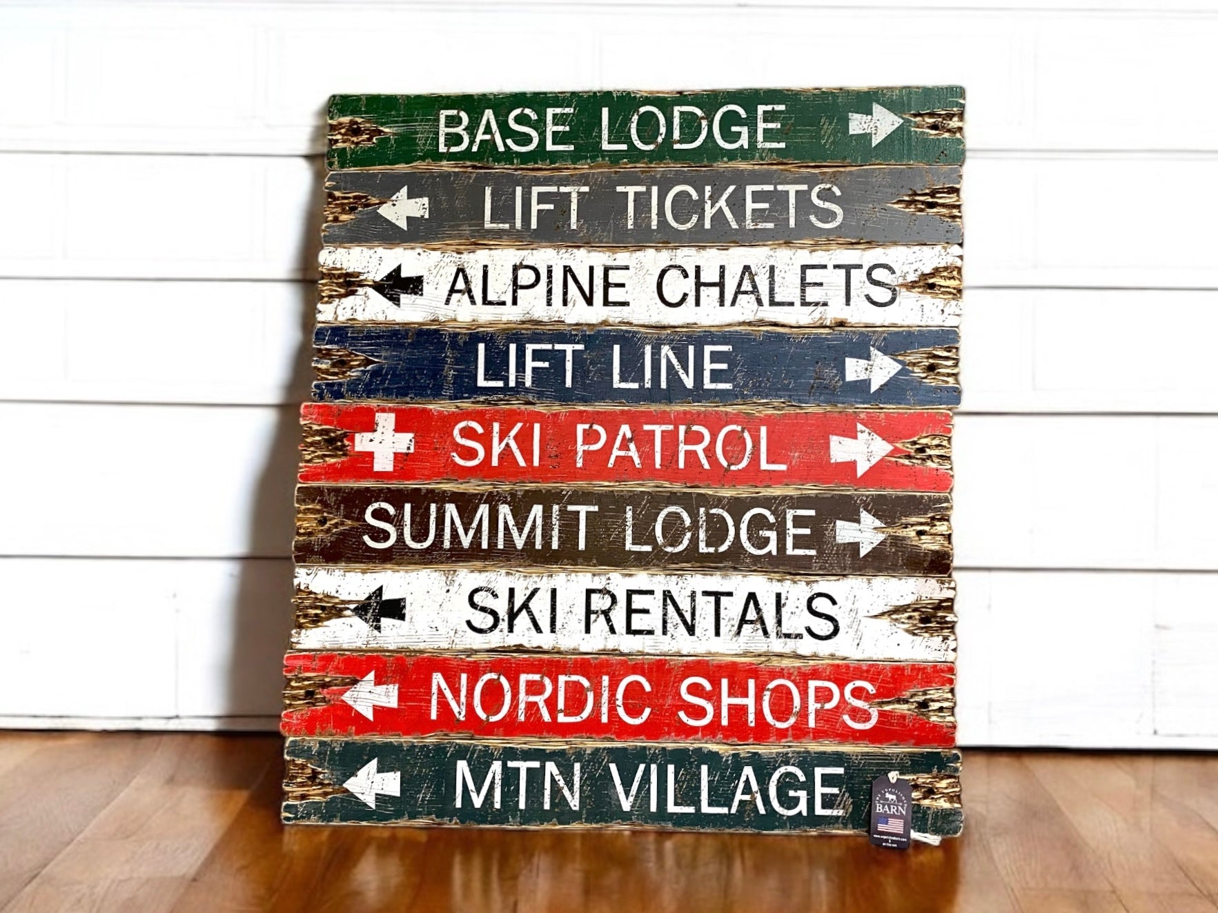  Rustic wooden ski lodge signs with directional arrows for base lodge, lift tickets, alpine chalets, ski rentals, summit lodge, ski patrol, Nordic shops, and mountain village, handmade ski cabin and ski lodge décor