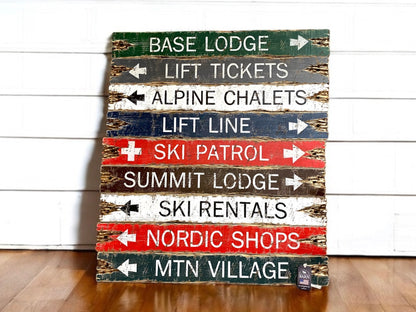  Rustic wooden ski lodge signs with directional arrows for base lodge, lift tickets, alpine chalets, ski rentals, summit lodge, ski patrol, Nordic shops, and mountain village, handmade ski cabin and ski lodge décor
