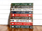  Rustic wooden ski lodge signs with directional arrows for base lodge, lift tickets, alpine chalets, ski rentals, summit lodge, ski patrol, Nordic shops, and mountain village, handmade ski cabin and ski lodge décor
