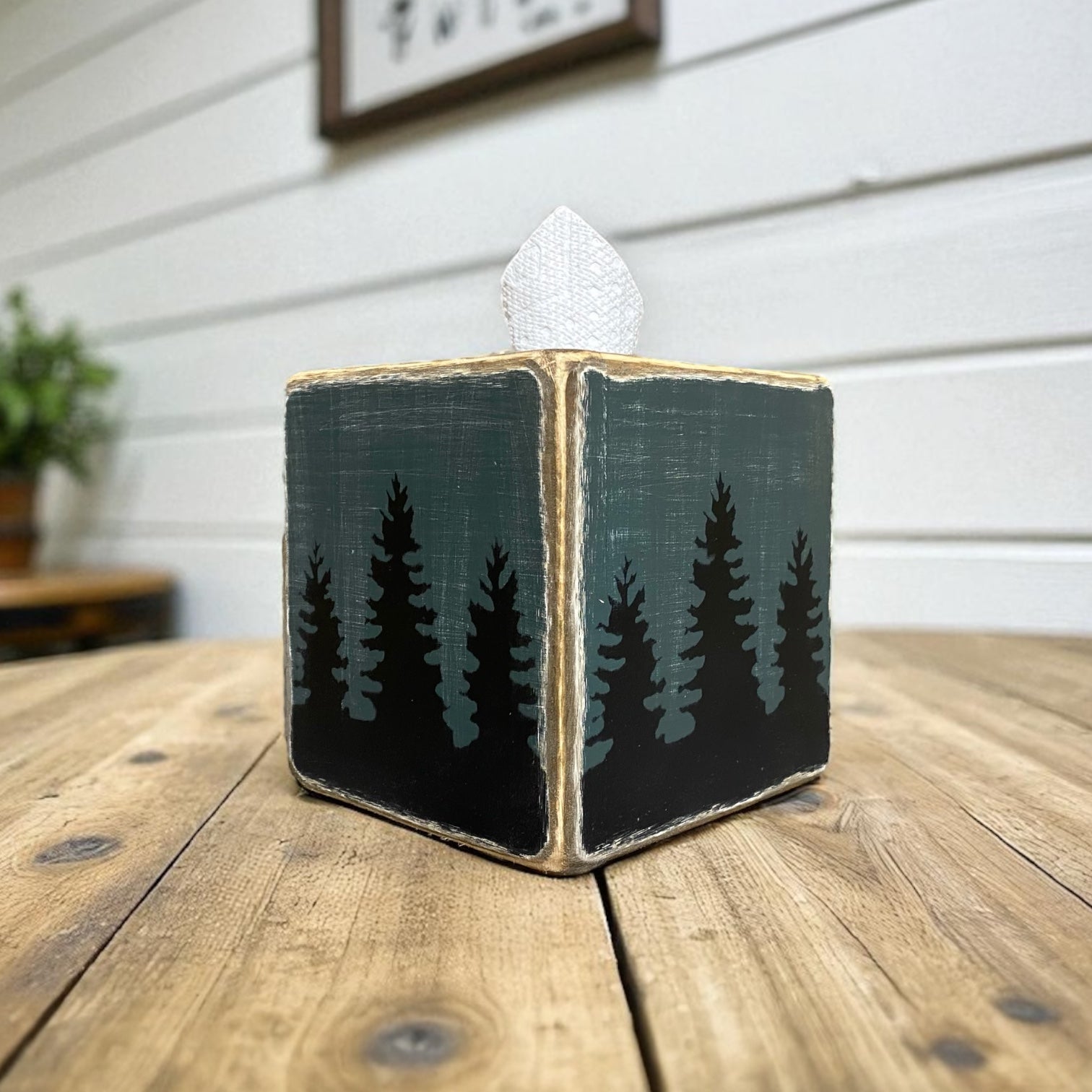 Rustic pine tree tissue box cover handmade in Maine, featuring a distressed forest design that adds cozy cabin and lodge charm to any room decor. Perfect for rustic bathroom or mountain home style