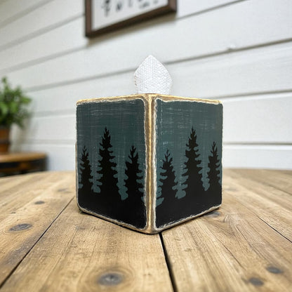 Rustic pine tree tissue box cover handmade in Maine, featuring a distressed forest design that adds cozy cabin and lodge charm to any room decor. Perfect for rustic bathroom or mountain home style