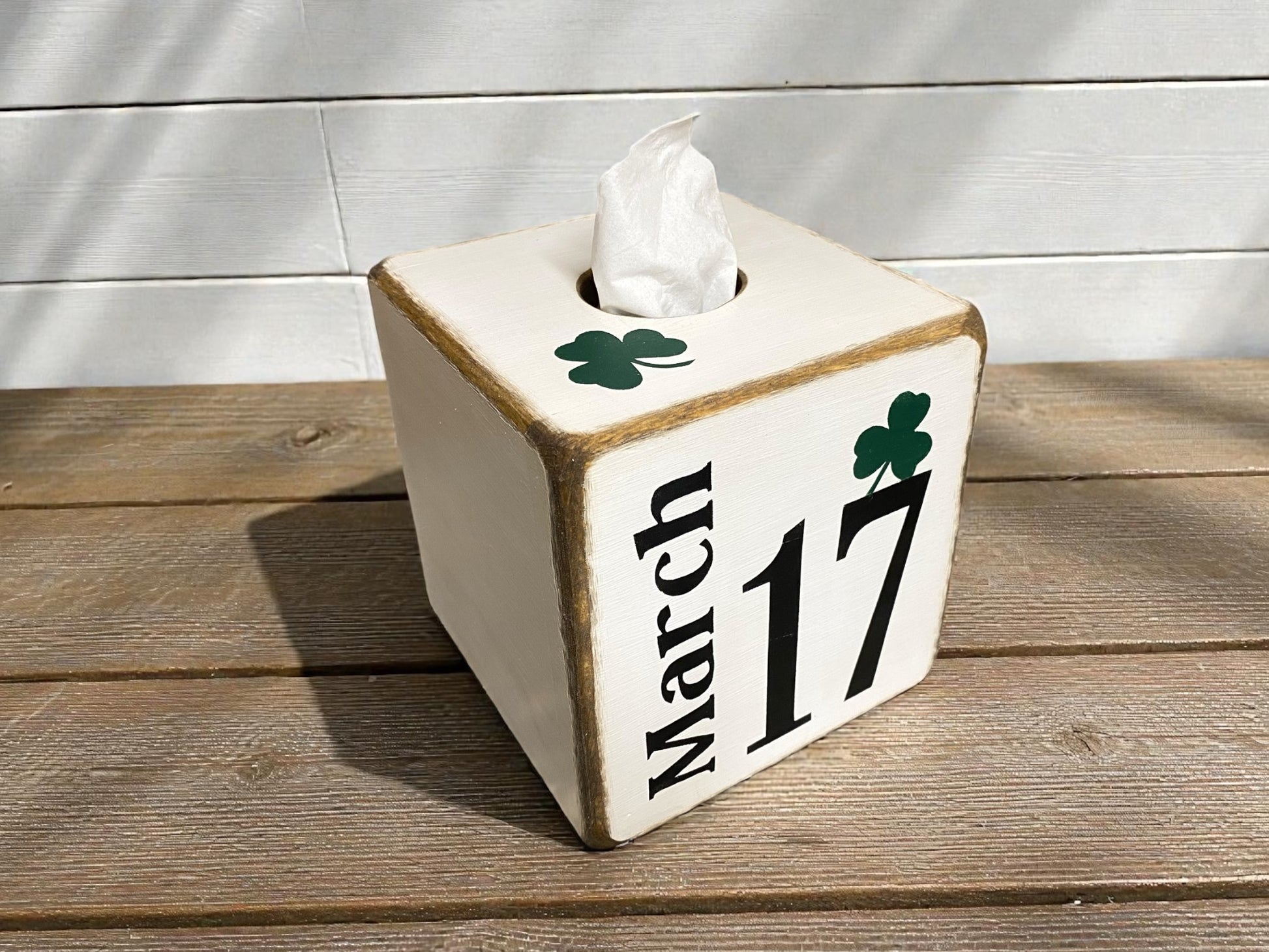 White St. Patrick’s Day tissue box cover with March 17 lettering, rustic Irish holiday décor, hand-distressed wood finish, perfect for farmhouse, cabin, lodge, or country home décor, festive St. Patrick’s Day accent, made in Maine