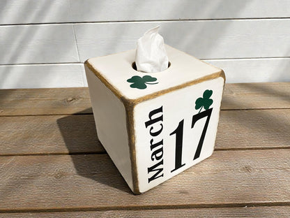 White St. Patrick’s Day tissue box cover with March 17 lettering, rustic Irish holiday décor, hand-distressed wood finish, perfect for farmhouse, cabin, lodge, or country home décor, festive St. Patrick’s Day accent, made in Maine
