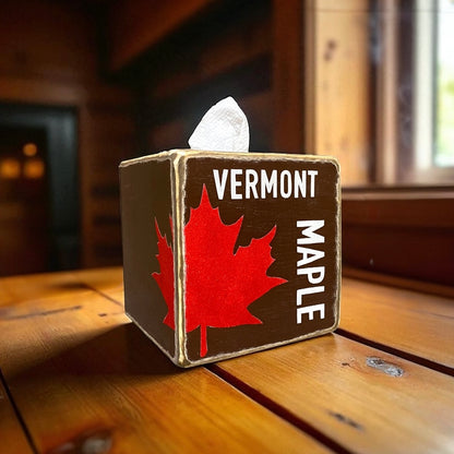 Rustic Vermont maple syrup tissue box cover with red maple leaf design, handmade wood tissue holder by UnpolishedBarn, cabin lodge home decor